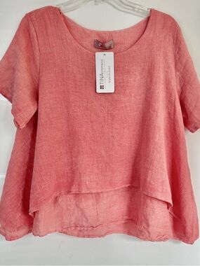 Tina Stephens Coral Cotton Linen Blend Inverted Bottom Top - Italy NWT